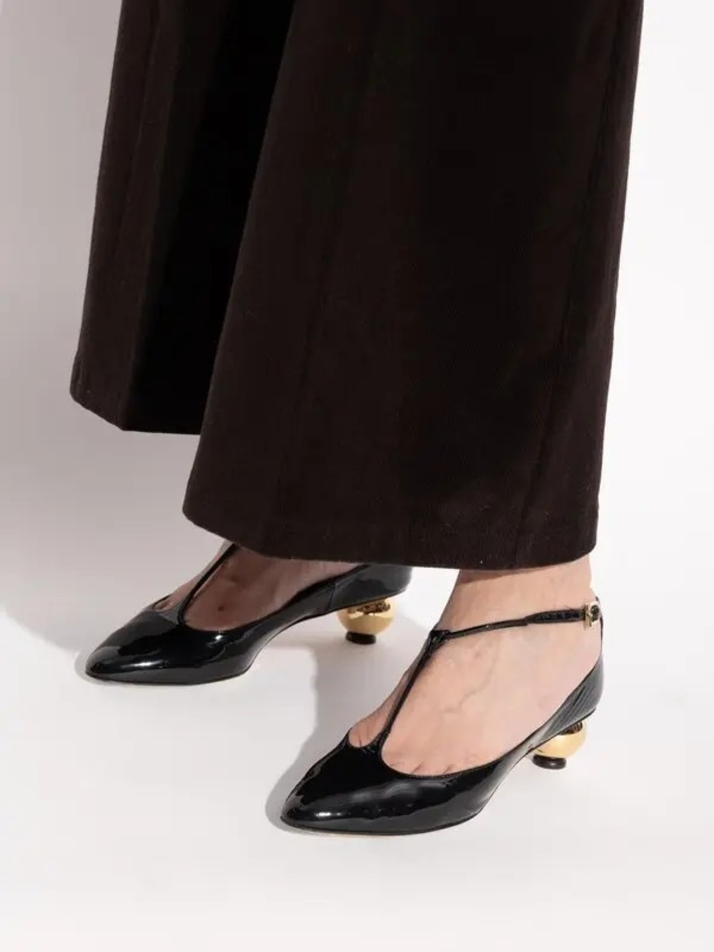 Ferragamo Tania Black Patent T-Strap Low Heel Pumps with Gold Accent